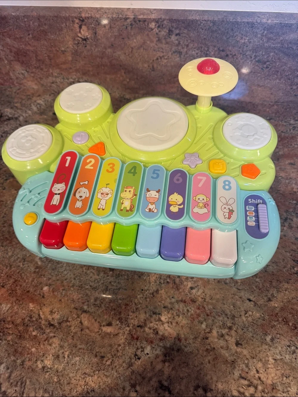 Pre school toy bundle Light-Up Musical Piano , Tupperware shape sorter, rings